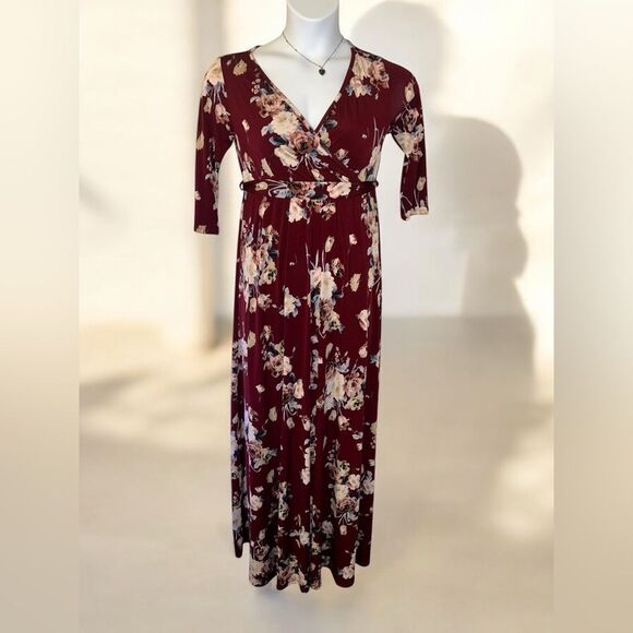 PinkBlush Maternity Boho Womens Burgundy Floral Wrap Maxi Dress with 3/4 Sleeves - Picture 1 of 11